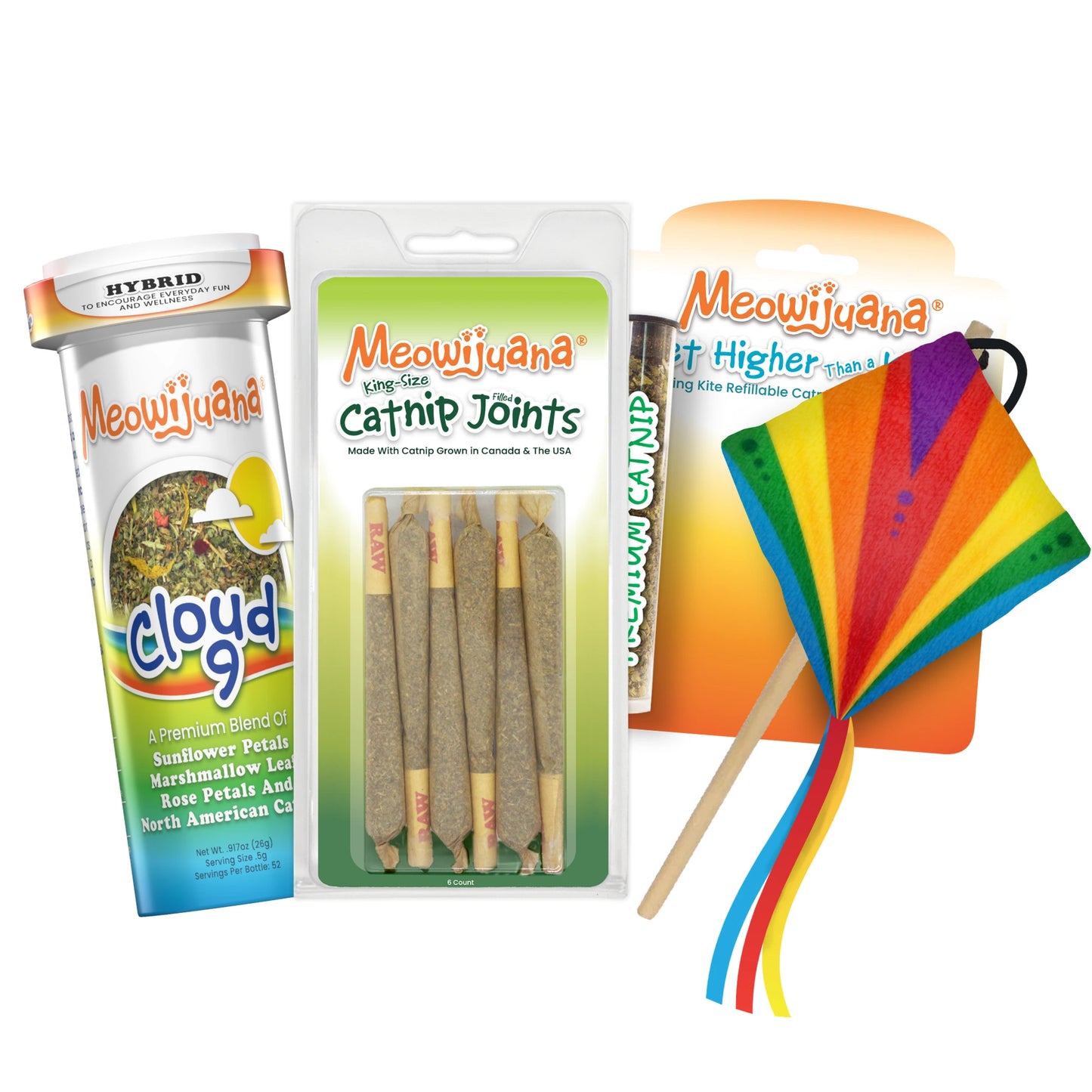 Meowijuana catnip bundle with Cloud 9, Catnip Joints, and rainbow refillable kite toy.