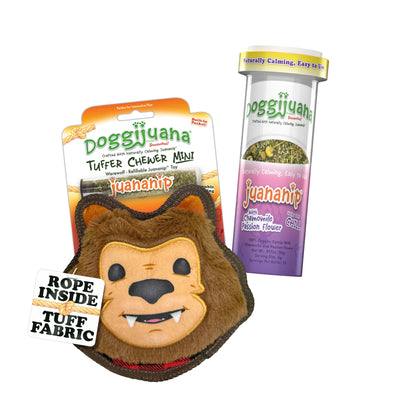 Werewolf dog toy with Juananip® chamomile & passion flower refill bottle.