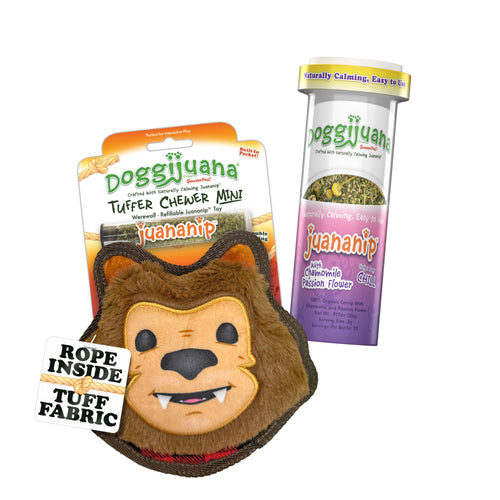 Werewolf dog toy with Juananip® chamomile & passion flower refill bottle.