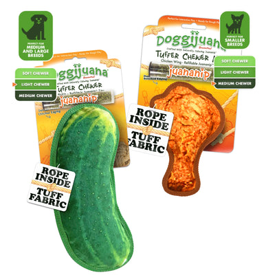 Dill Pickle and Chicken Wing tough dog toy bundle