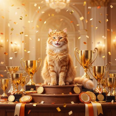 A fluffy orange tabby cat wearing a gold laurel crown sits proudly on a wooden podium surrounded by gold trophy cups, award medals, and orange ribbon rosettes, with gold and orange confetti falling in a grand hall