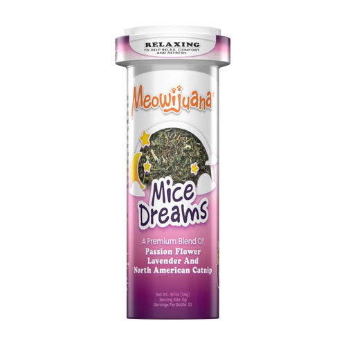 Mice Dreams catnip blend in a pill bottle-style container with calming ingredients like passion flower and lavender.