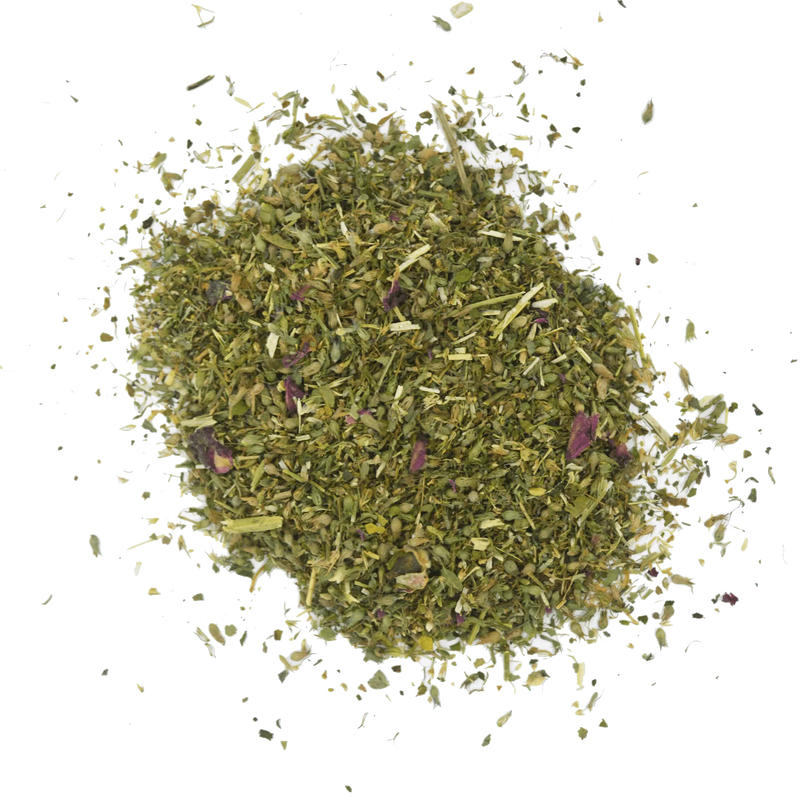Loose blend of Meowijuana Stargazer Mix with chamomile, rose petals, and catnip for a soothing effect on cats.