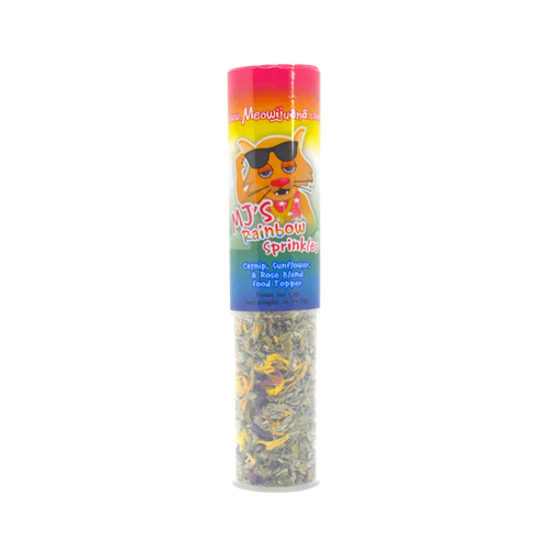 Colorful container of MJ's Rainbow Sprinkles with a cat graphic and product label for cat food toppers.
