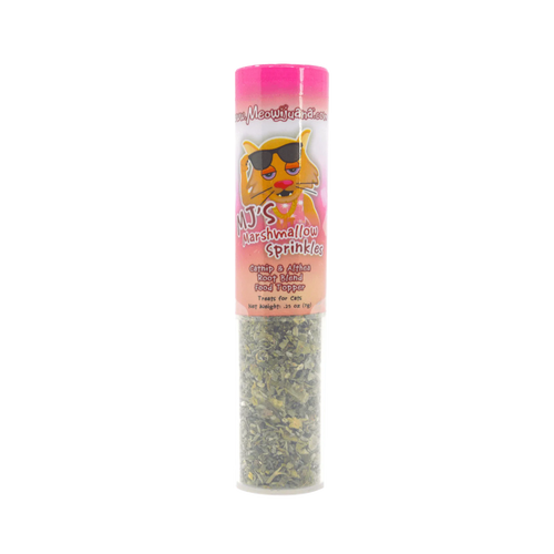 MJ's Marshmallow Sprinkles catnip and althea root blend container, a food topper for cats.