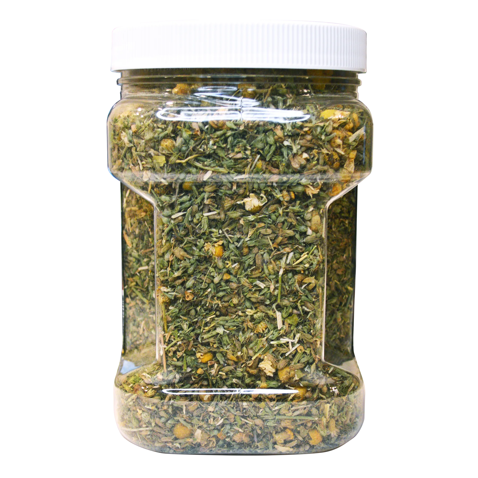 Side view of a jar of Doggijuana® Juananip® showing the chamomile and passion flower blend for calming pets.