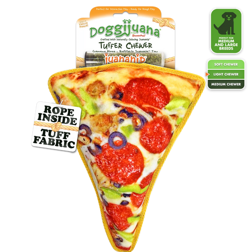 Doggijuana Supreme Pizza Dog Toy with durable tuff fabric, rope core, and refillable Juananip pocket, perfect for stress relief and play.