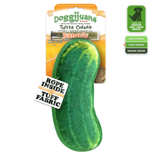 Dog toy shaped like a dill pickle with a Tuffer Chewer label and Juananip packet for refilling, designed for medium chewers.