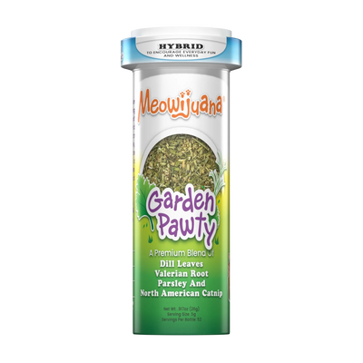 Catnip blend in a can labeled "Garden Pawty" with ingredients listed.