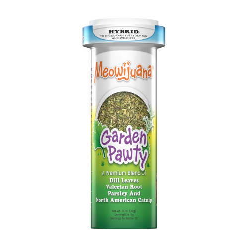 Catnip blend in a can labeled "Garden Pawty" with ingredients listed.