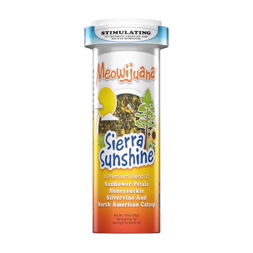 Meowijuana Sierra Sunshine catnip container with a blend of sunflower petals, honeysuckle, silvervine, and catnip.