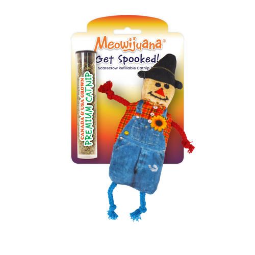Scarecrow catnip toy with a tube of premium catnip.