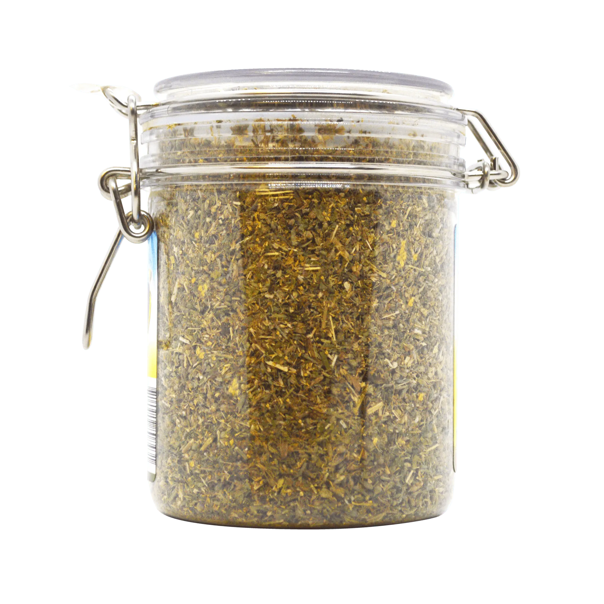 A sealed jar of Meowijuana's Daydreamer Mix, showing dried catnip blend through the clear glass container.