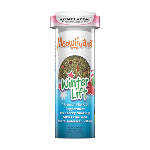 Meowijuana Winter Lift catnip blend tube, featuring peppermint, cranberry shavings, silvervine, and catnip.