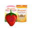Bright red strawberry-shaped cat toy beside a bag of Meowijuana® Crunchie Munchie® Chicken Treats, perfect for interactive play.