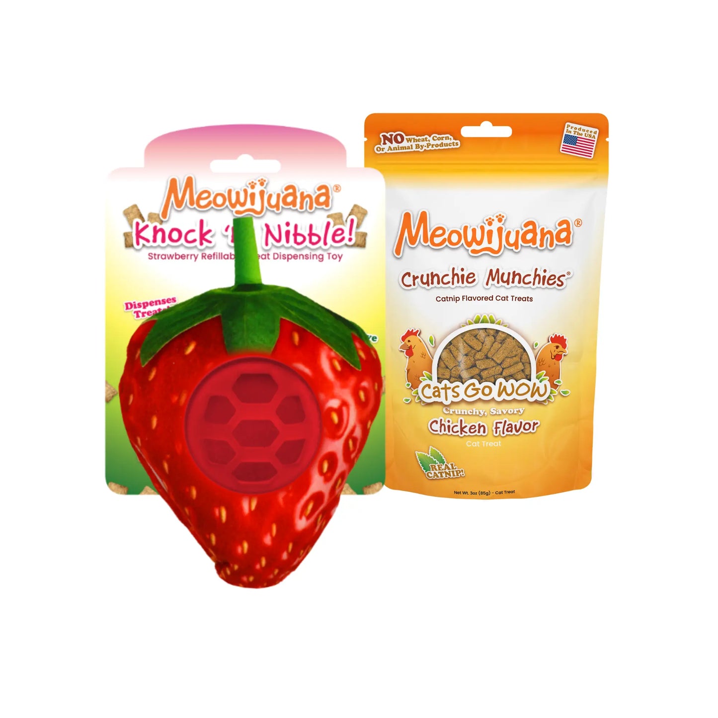 Bright red strawberry-shaped cat toy beside a bag of Meowijuana® Crunchie Munchie® Chicken Treats, perfect for interactive play.