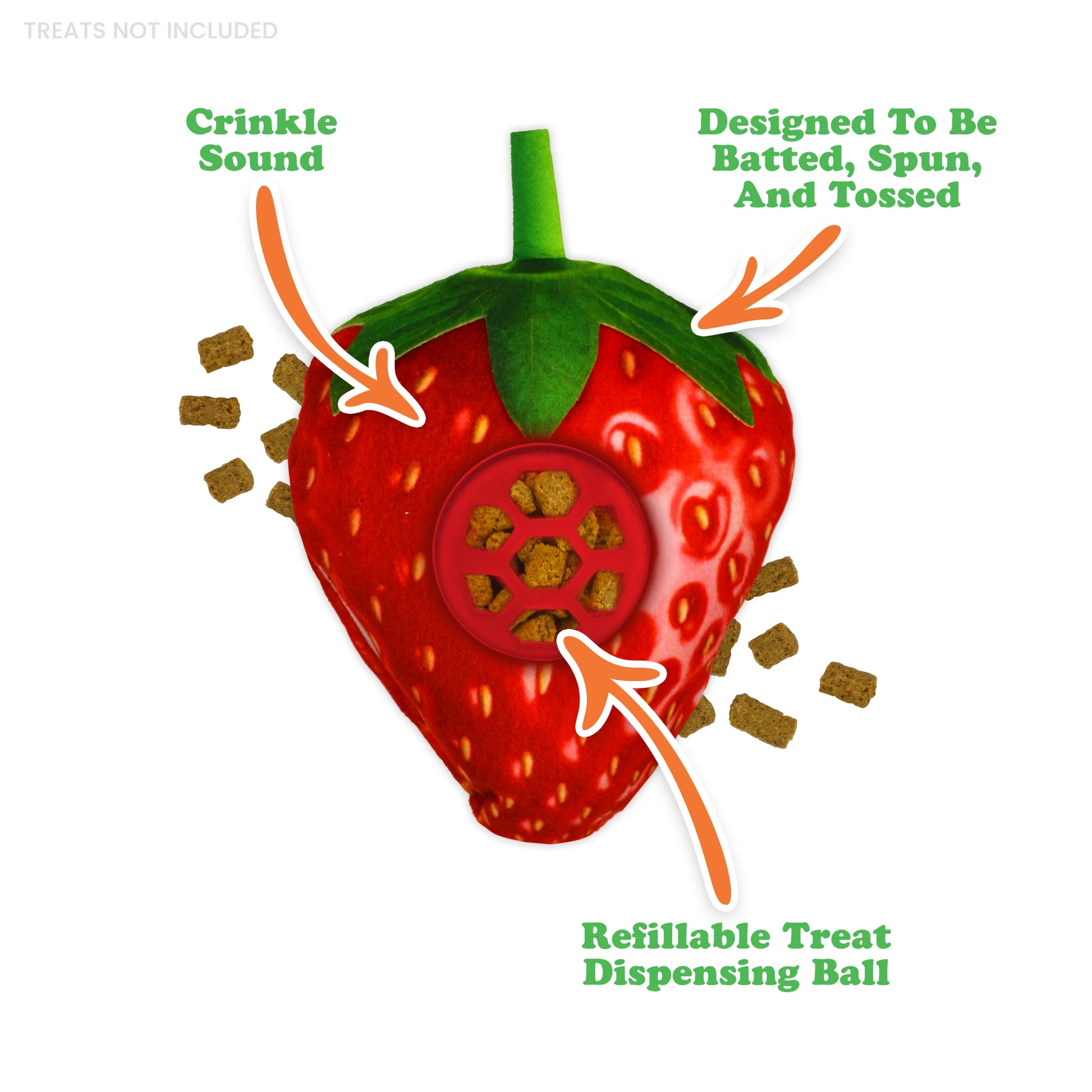 Bright red strawberry-shaped cat toy beside a bag of Meowijuana® Crunchie Munchie® Chicken Treats, perfect for interactive play.