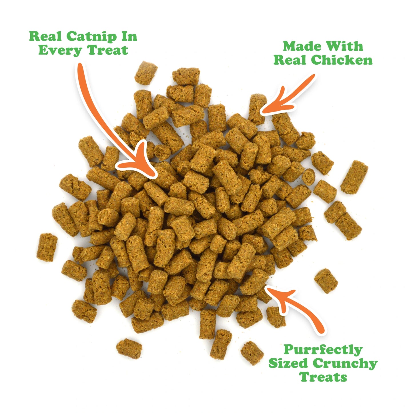 Bright red strawberry-shaped cat toy beside a bag of Meowijuana® Crunchie Munchie® Chicken Treats, perfect for interactive play.