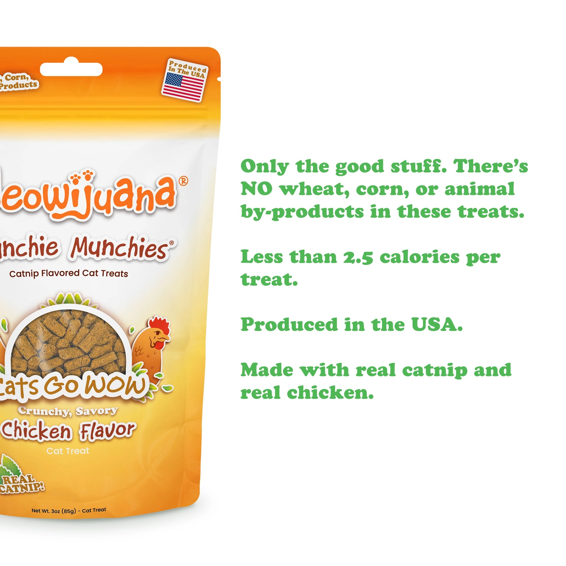 Bright red strawberry-shaped cat toy beside a bag of Meowijuana® Crunchie Munchie® Chicken Treats, perfect for interactive play.