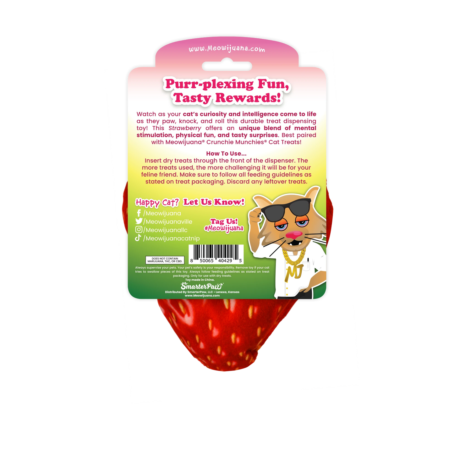 Bright red strawberry-shaped cat toy beside a bag of Meowijuana® Crunchie Munchie® Chicken Treats, perfect for interactive play.