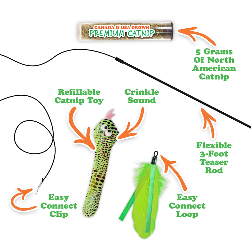 Flexible wand, refillable catnip lure, infinite chase.