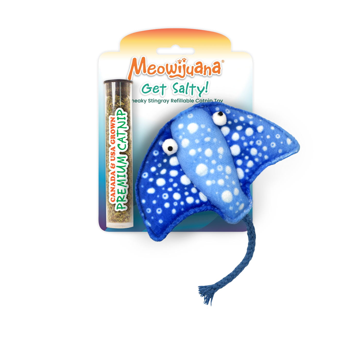 Front of packaging for Blue Stingray refillable catnip plush toy with tube of Meowijuana premium catnip.