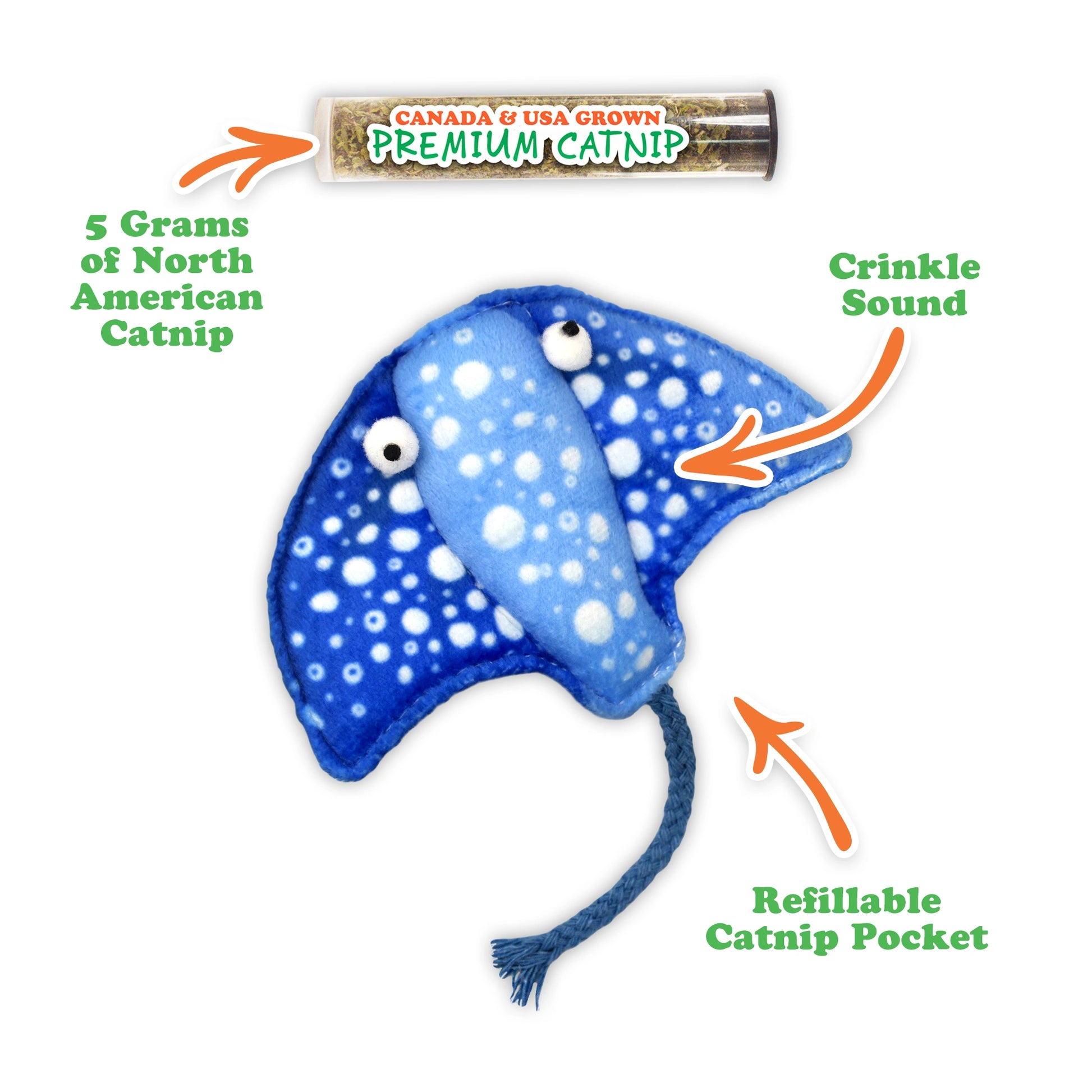 Blue Stingray plush catnip toy with text indicating crinkle sound, refillable catnip pocket, and 5 gram tube of North American Catnip.