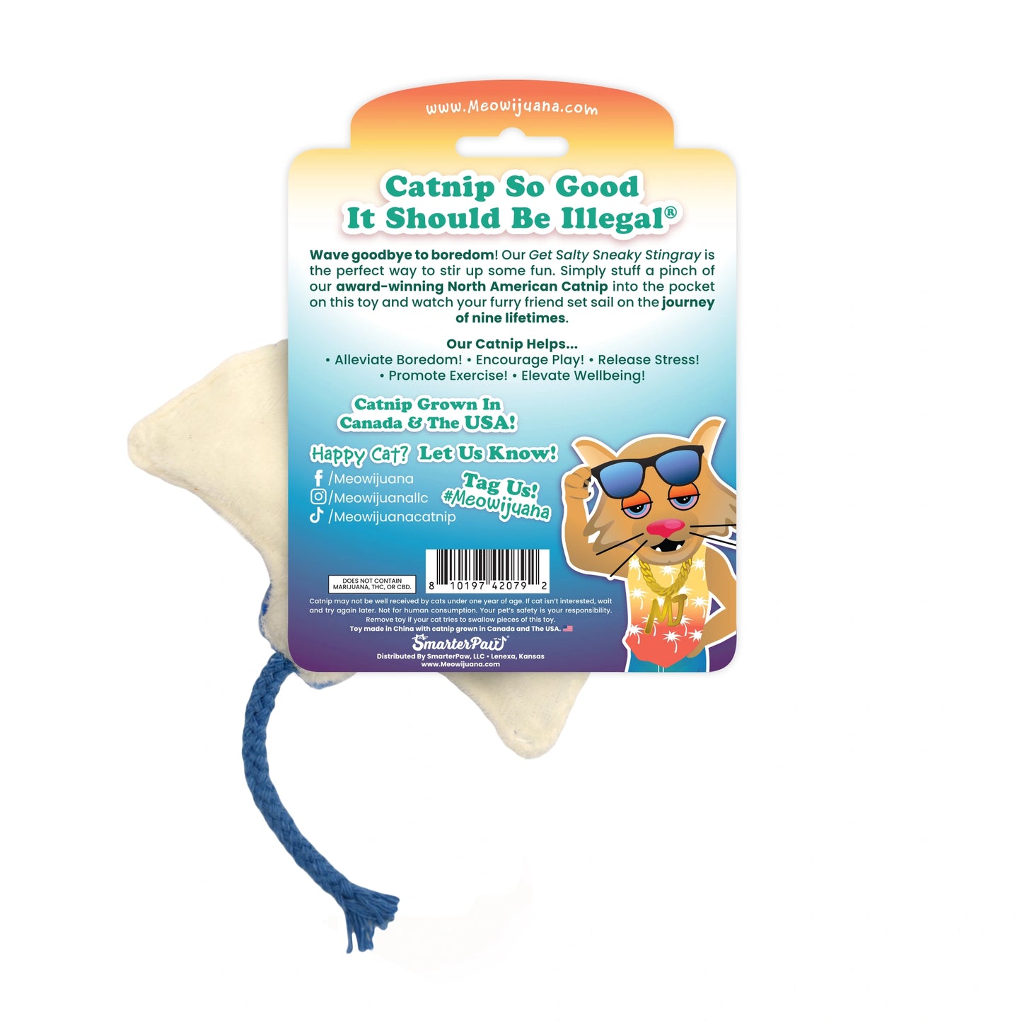 Back of packaging for Blue Stingray refillable catnip plush toy with tube of Meowijuana premium catnip.