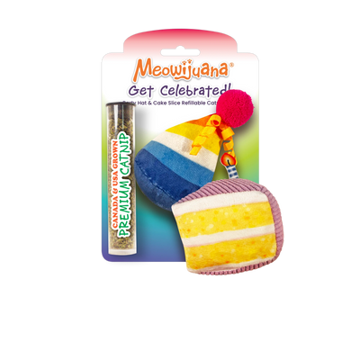 Meowijuana Get Celebrated! – birthday party hat and cake slice refillable catnip toy set with premium catnip. Purrfect for party-loving cats!