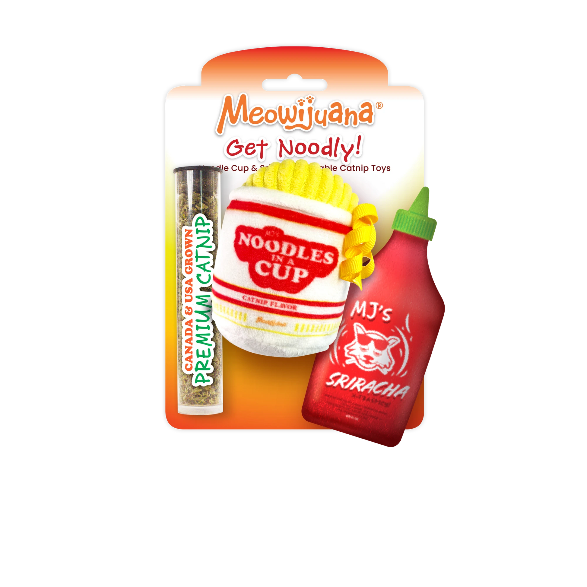 Meowijuana Get Noodly! – noodle cup and sriracha catnip toy set. Refillable plush toys with premium catnip for spicy and silly feline fun.