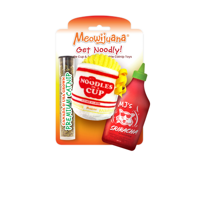 Meowijuana Get Noodly! – noodle cup and sriracha catnip toy set. Refillable plush toys with premium catnip for spicy and silly feline fun.