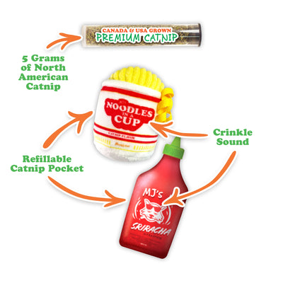 Meowijuana Get Noodly! – noodle cup and sriracha catnip toy set. Refillable plush toys with premium catnip for spicy and silly feline fun.