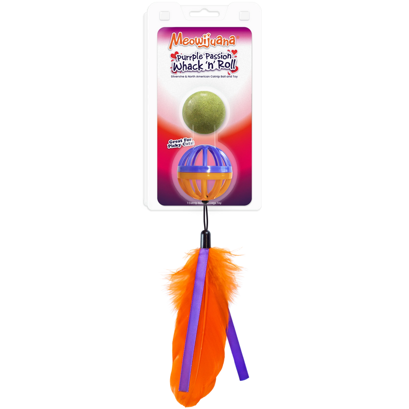 Meowijuana Purrple Passion Whack 'n' Roll – cage ball wand toy with silvervine and catnip ball, feathers, and ribbons. Great for picky cats!