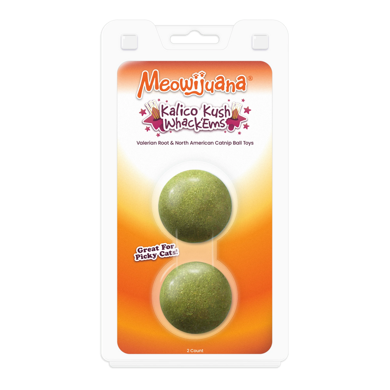 Meowijuana Kalico Kush Whack’Ems – 2-pack of valerian root and catnip compressed ball toys, great for picky cats who love to play.
