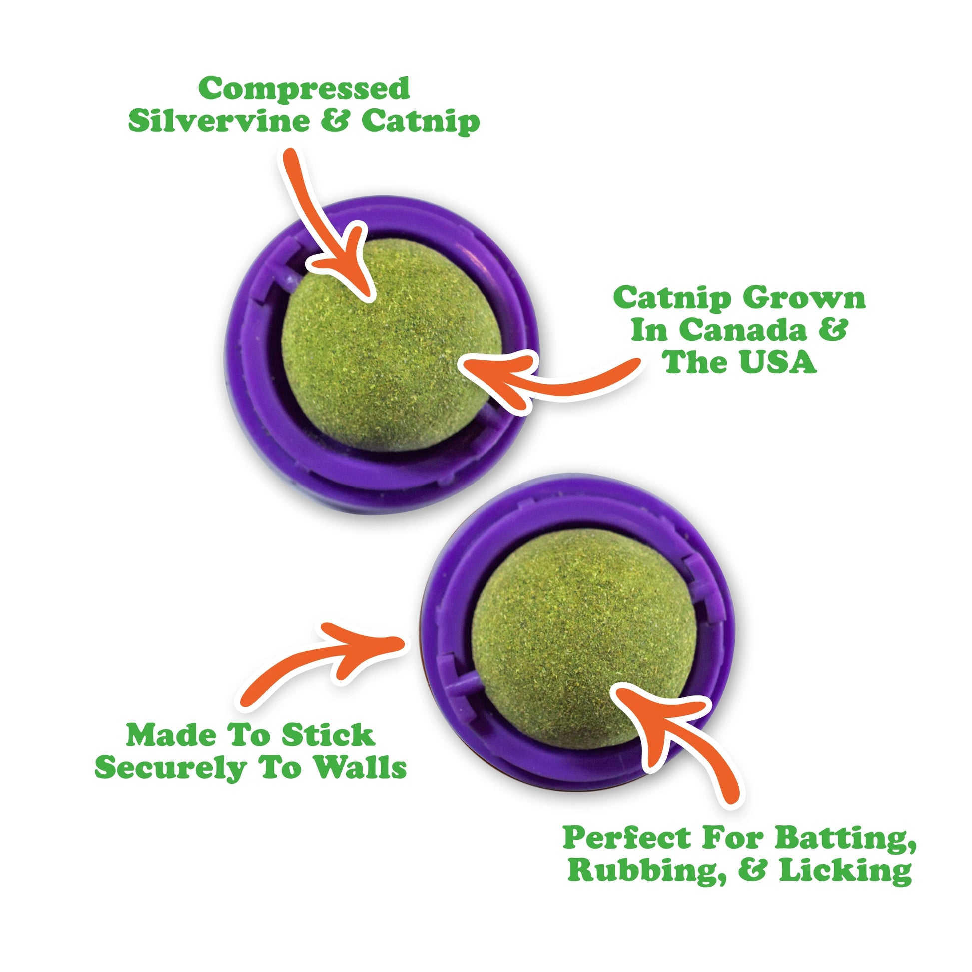 Meowijuana Purrple Passion Stick 'n' Lick – 2-pack of stick-on silvervine and catnip balls for hands-free licking and playful feline fun.