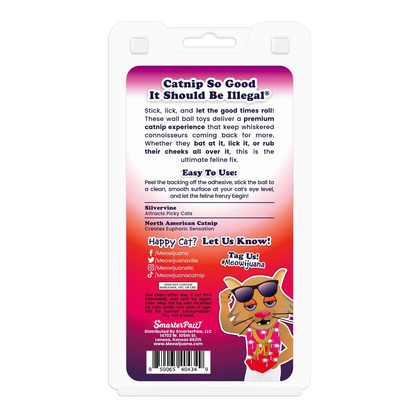 Meowijuana Purrple Passion Stick 'n' Lick – 2-pack of stick-on silvervine and catnip balls for hands-free licking and playful feline fun.
