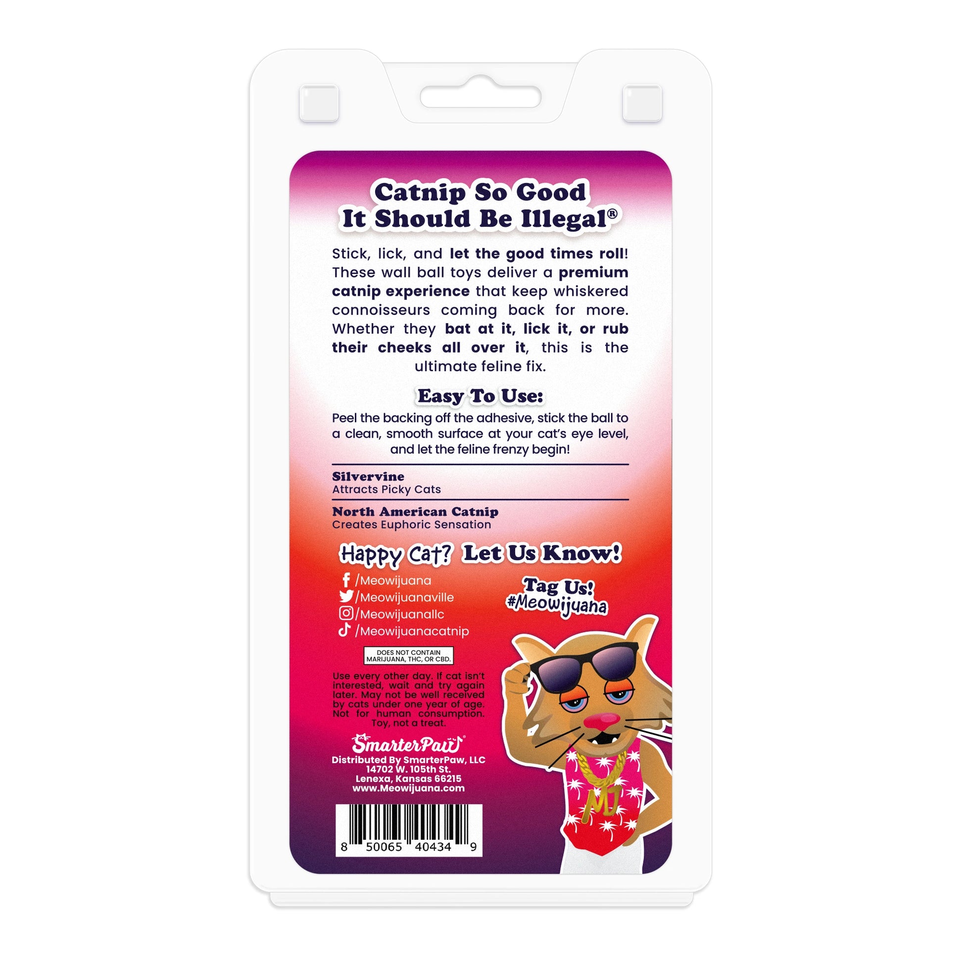 Meowijuana Purrple Passion Stick 'n' Lick – 2-pack of stick-on silvervine and catnip balls for hands-free licking and playful feline fun.