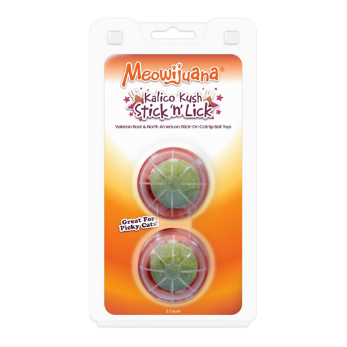 Meowijuana Kalico Kush Stick 'n' Lick – 2-pack of stick-on valerian root and catnip balls, ideal for vertical play and picky cats.

