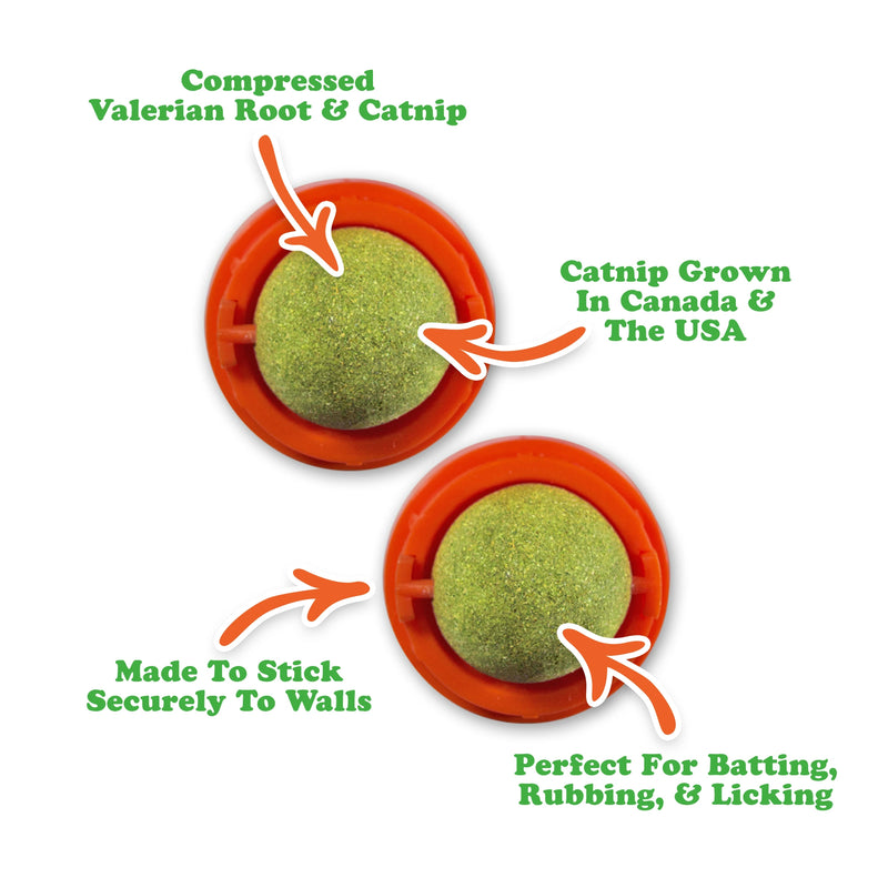 Meowijuana Kalico Kush Stick 'n' Lick – 2-pack of stick-on valerian root and catnip balls, ideal for vertical play and picky cats.