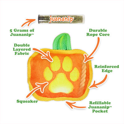 Jack-o’-Lantern dog toy with Juananip® chamomile & passion flower refill bottle.