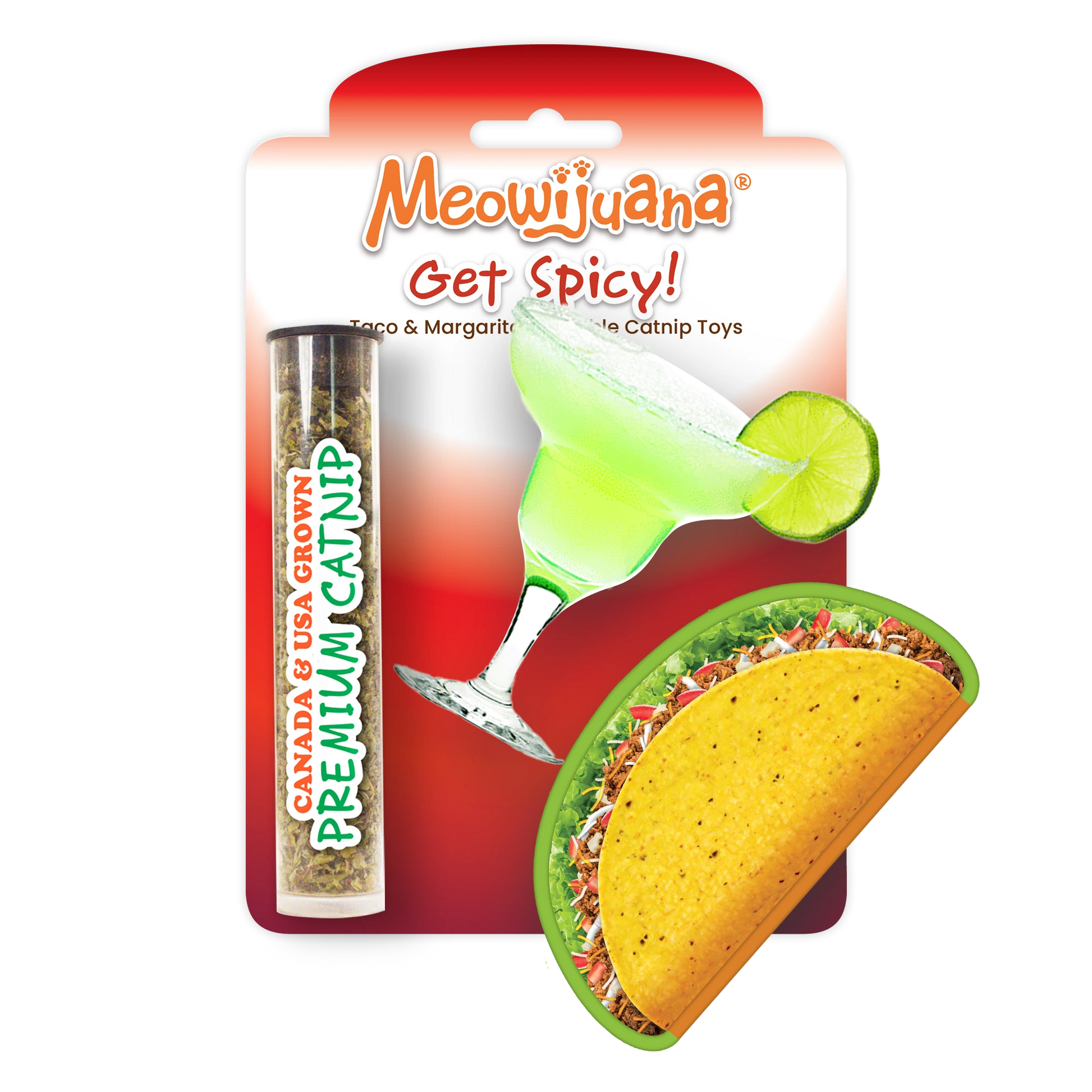 Meowijuana Get Spicy! – refillable taco and margarita catnip toy set. Comes with premium catnip. Fiesta fun for your feisty feline!