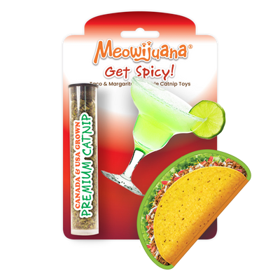 Meowijuana Get Spicy! – refillable taco and margarita catnip toy set. Comes with premium catnip. Fiesta fun for your feisty feline!