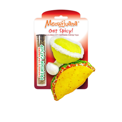 Meowijuana Get Spicy! – refillable taco and margarita catnip toy set. Comes with premium catnip. Fiesta fun for your feisty feline!