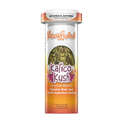 Meowijuana Kalico Kush catnip bottle featuring a premium blend of valerian root and North American catnip.