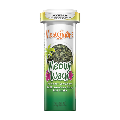 Meowi-Waui catnip product in a pill bottle-style container, labeled as a premium North American catnip bud shake.