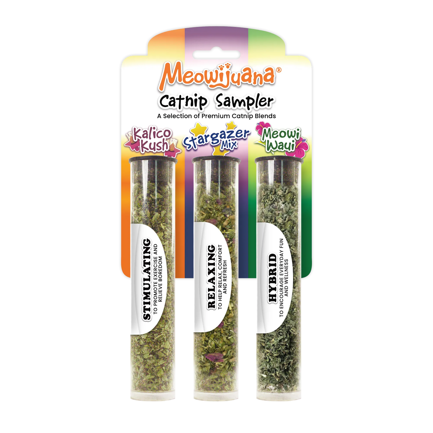 Packaging of a catnip sampler with three varieties: Kalico Kush, Stargazer Mix, Meowi Wawi.