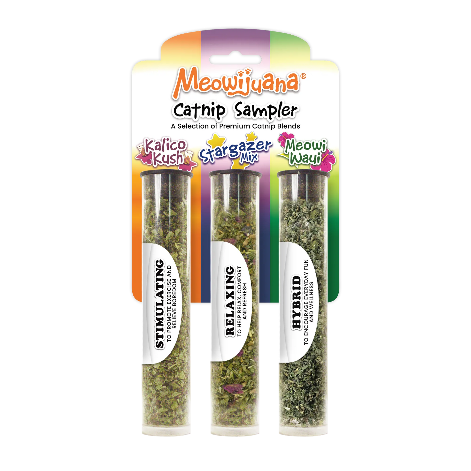 Packaging of a catnip sampler with three varieties: Kalico Kush, Stargazer Mix, Meowi Wawi.