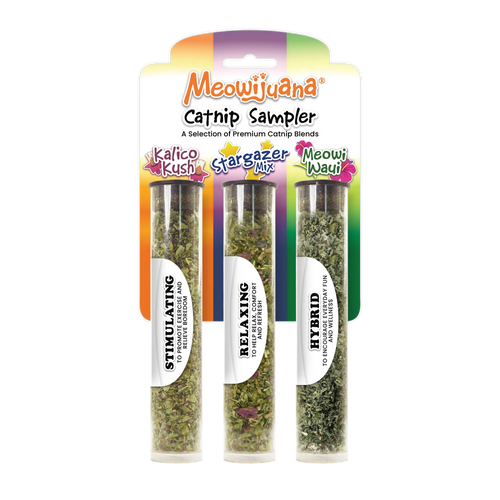 Packaging of a catnip sampler with three varieties: Kalico Kush, Stargazer Mix, Meowi Wawi.