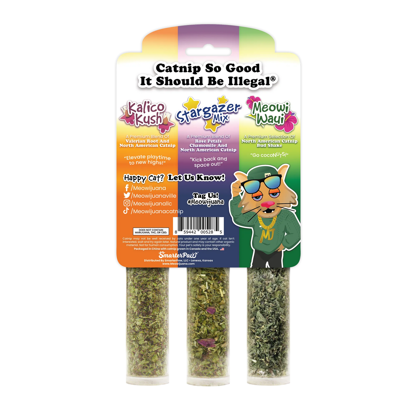 Packaging of catnip blends with descriptions and cartoon cat graphic.