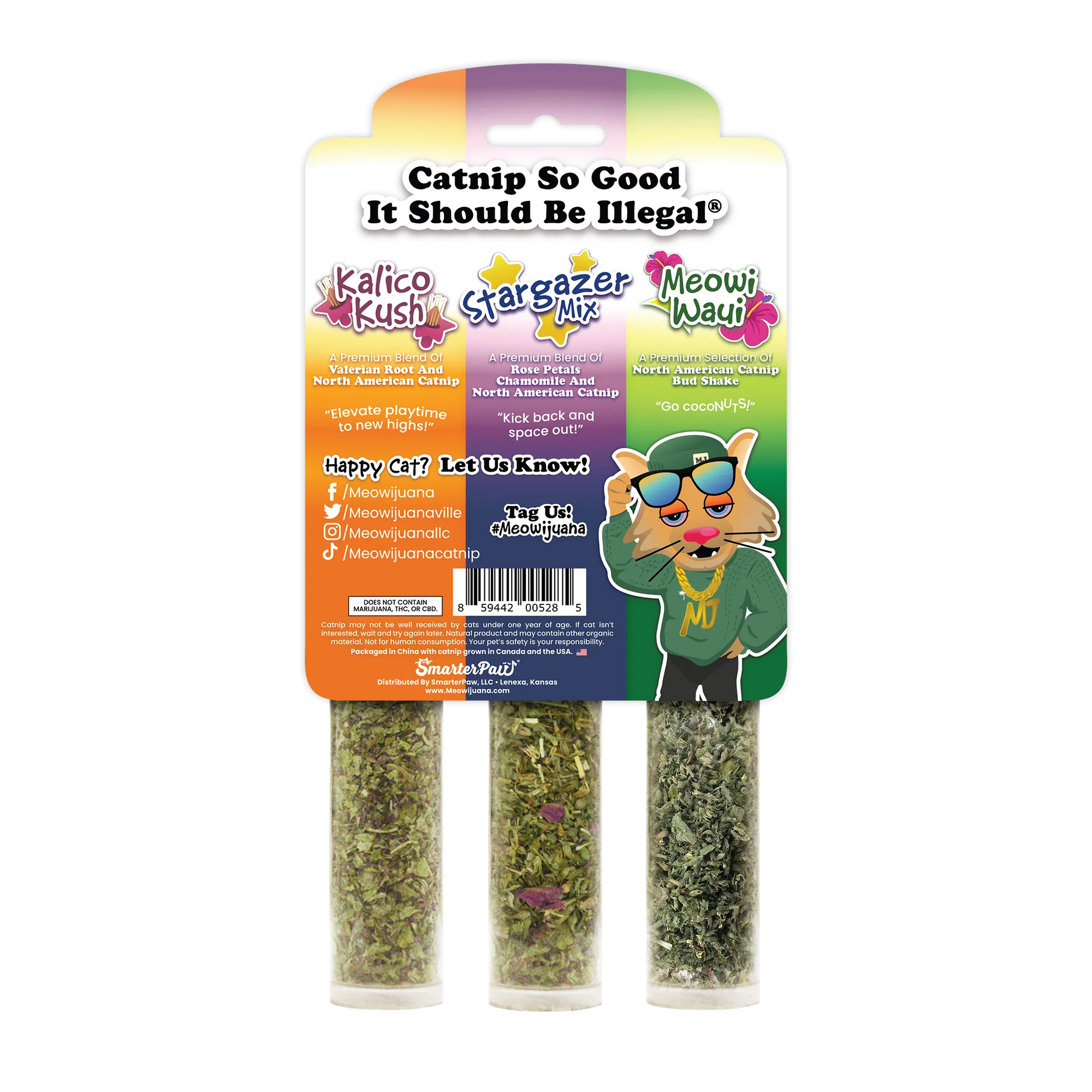 Packaging of catnip blends with descriptions and cartoon cat graphic.